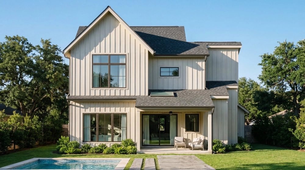 Unit 3 Exterior — Cream Board and Batten with Pool