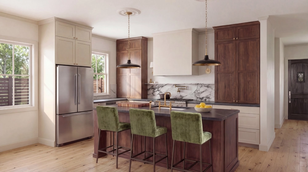 Unit 3 Kitchen — Walnut Cabinets with Marble Backsplash