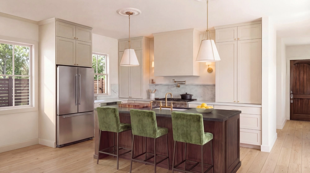 Unit 2 Kitchen — White Cabinets with Brass Fixtures